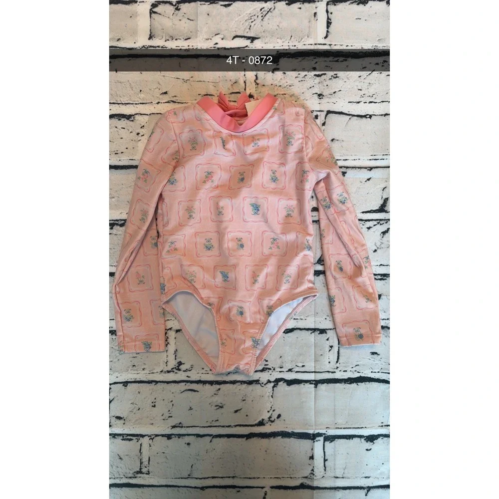 Nicole Miller New York Girls Pink Floral Long Sleeve One Piece Swimsuit 4T